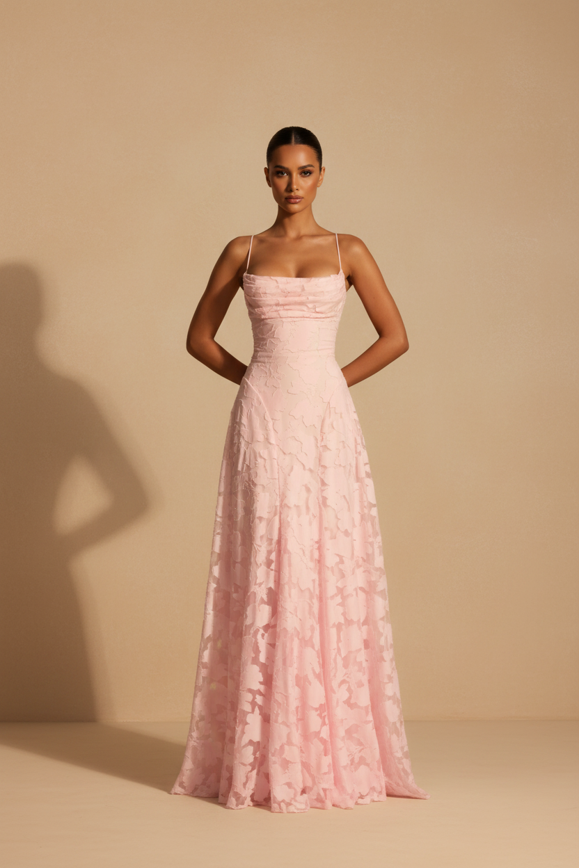 Francesca – Abito Lungo Pizzo Vestibilità Elegante Rosa