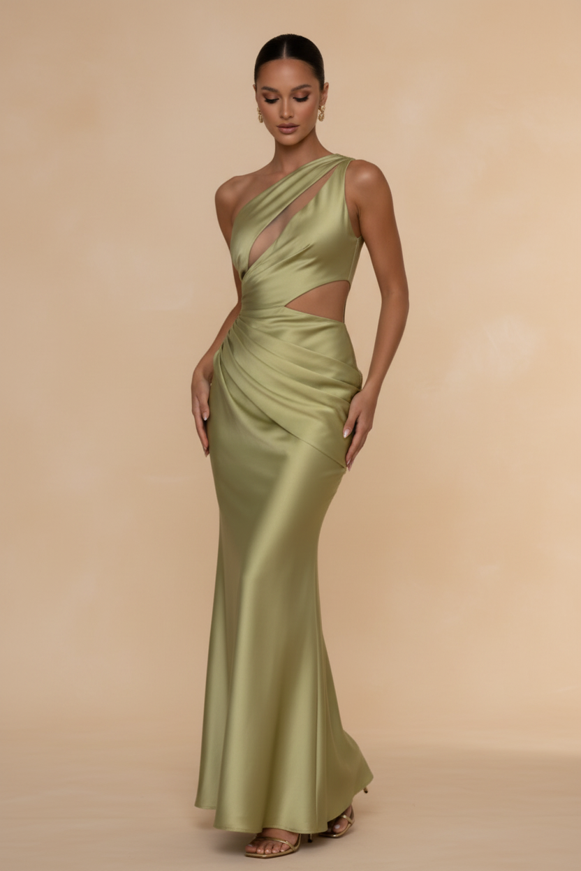 Aveline – Vestito Maxi Asimmetrico in Raso Verde Oliva