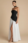 Valeria – Vestito Lungo Senza Spalline con Spacco Elegante Bianco e Nero