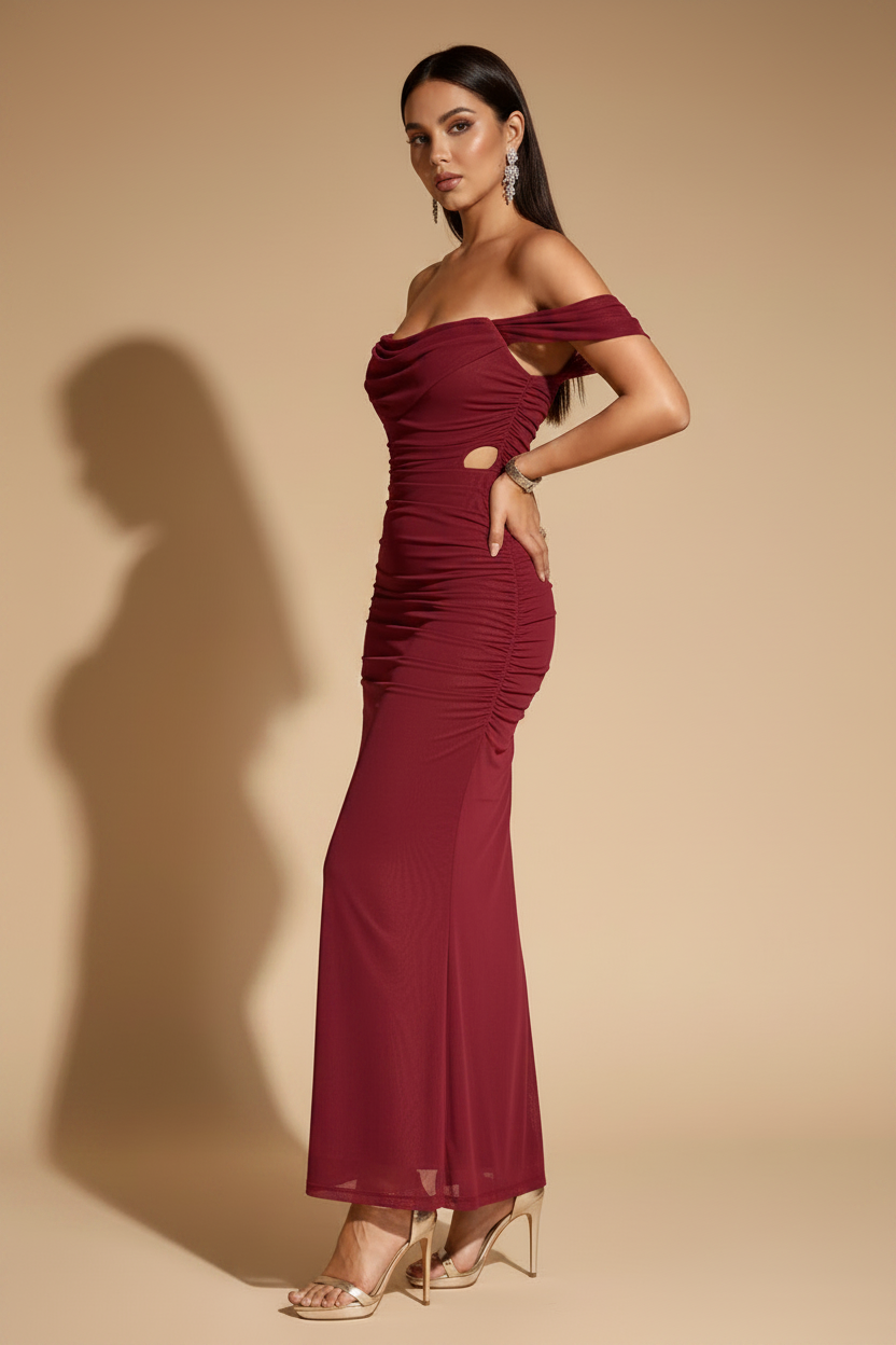 Serena Vestito Lungo Drappeggiato Color Lampone