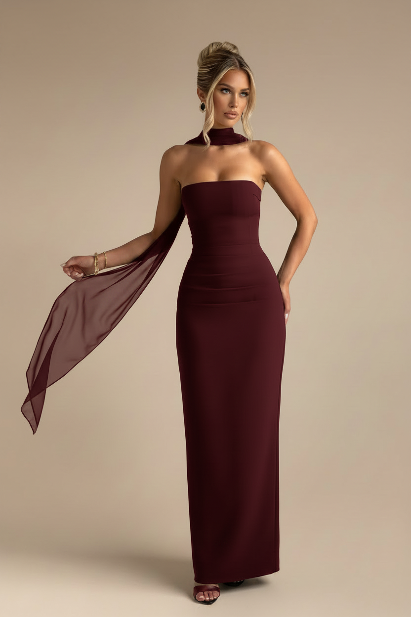 Vestito lungo senza spalline con caduta fluida color bordeaux