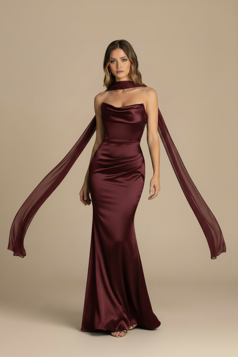 Serena – Abito lungo senza spalline effetto silhouette bordeaux