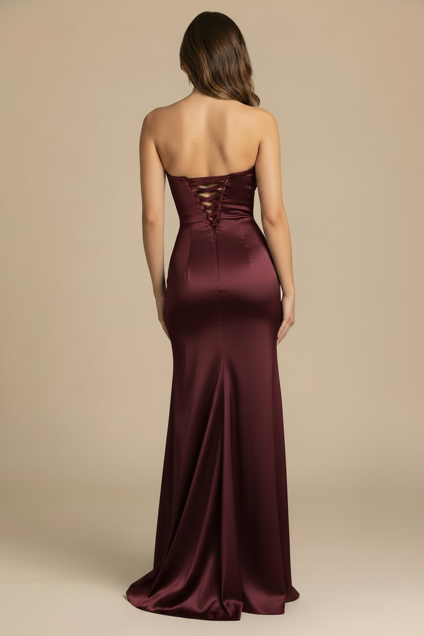 Serena – Abito lungo senza spalline effetto silhouette bordeaux
