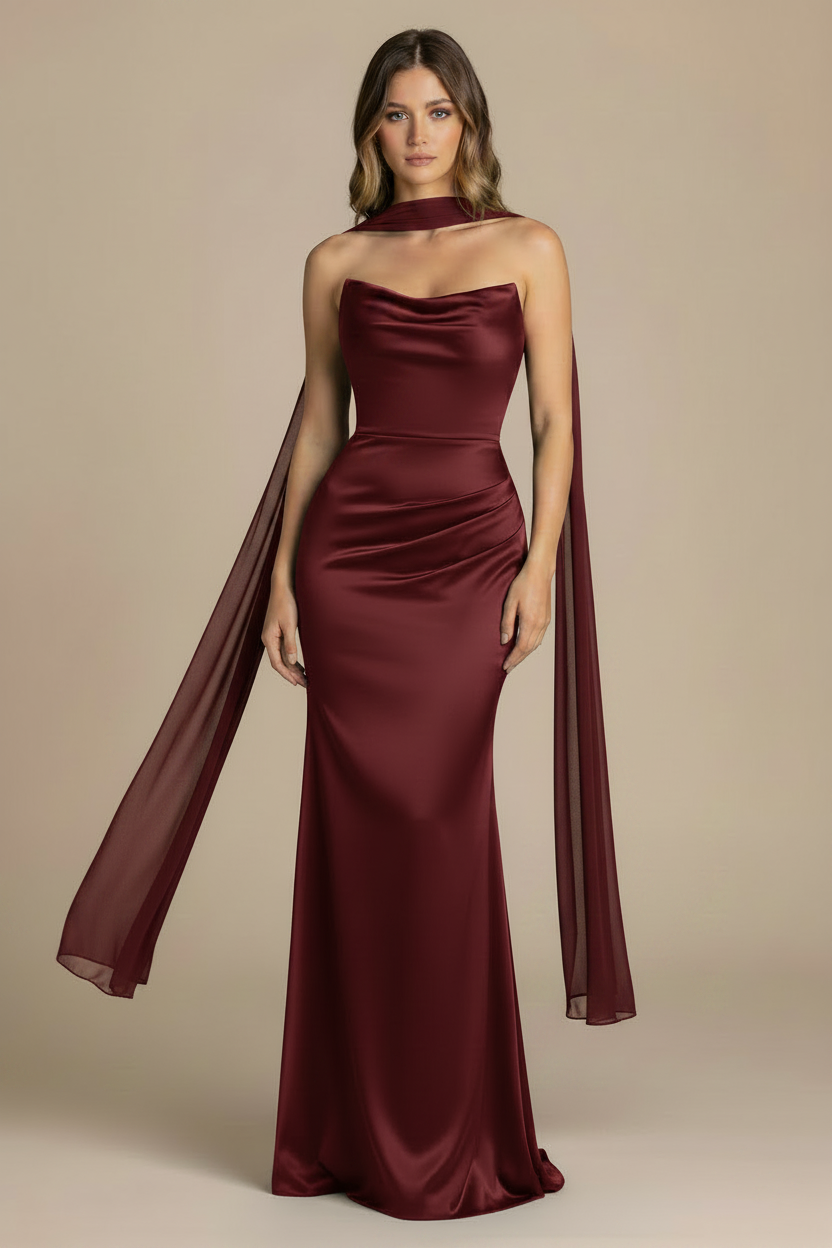 Serena – Abito lungo senza spalline effetto silhouette bordeaux