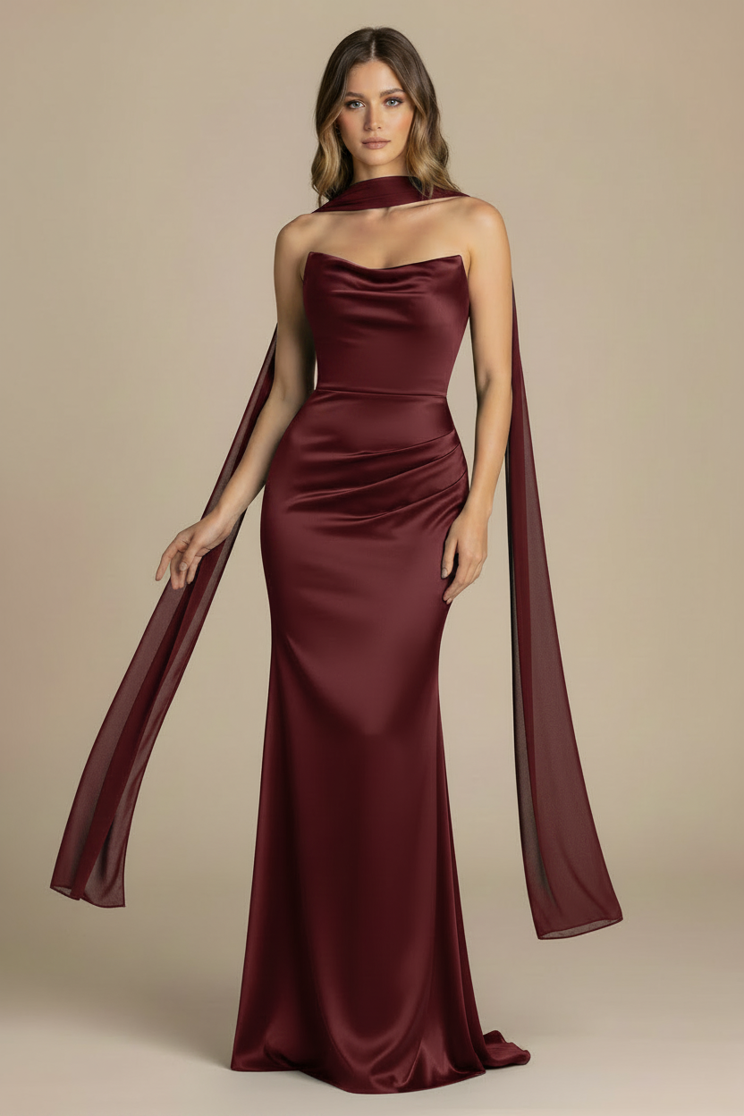 Serena – Abito lungo senza spalline effetto silhouette bordeaux