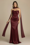 Serena – Abito lungo senza spalline effetto silhouette bordeaux