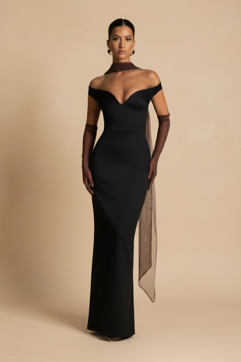 Selene – Abito Lungo Off Shoulder Effetto Sagoma Nero