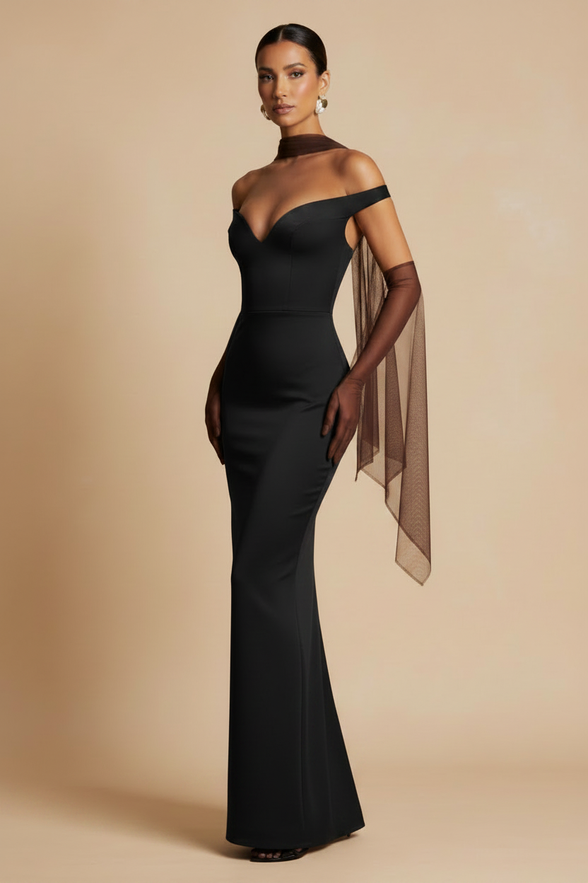 Selene – Abito Lungo Off Shoulder Effetto Sagoma Nero