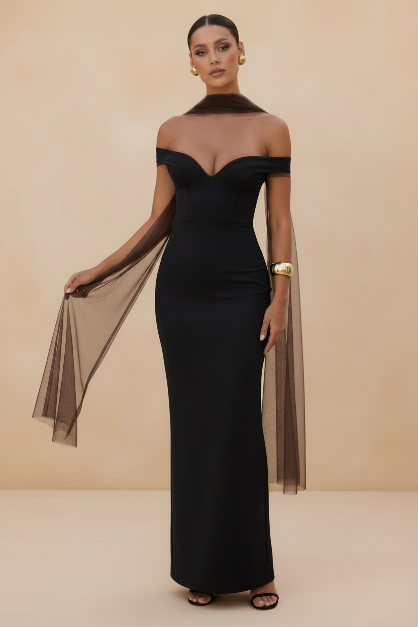 Selene – Abito Lungo Off Shoulder Effetto Sagoma Nero