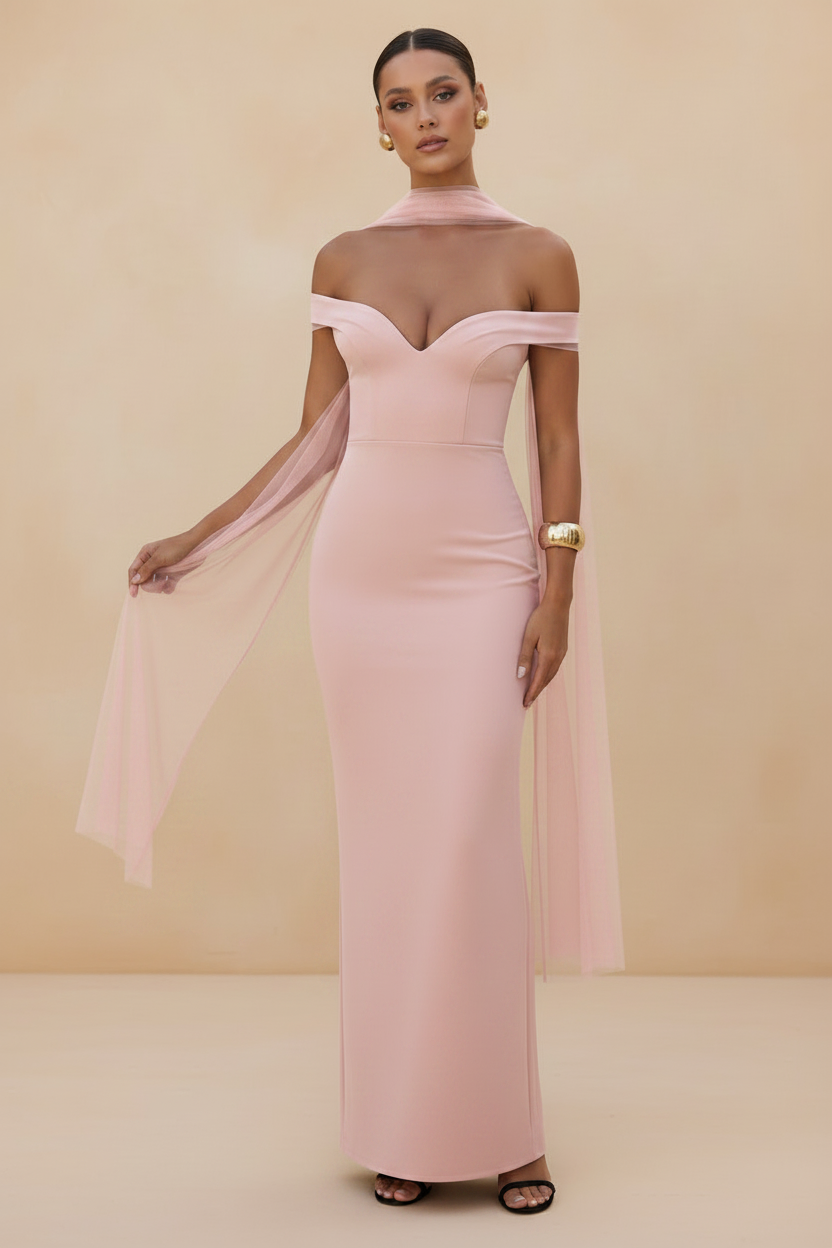 Selene – Abito Lungo Off Shoulder Effetto Sagoma Rosa