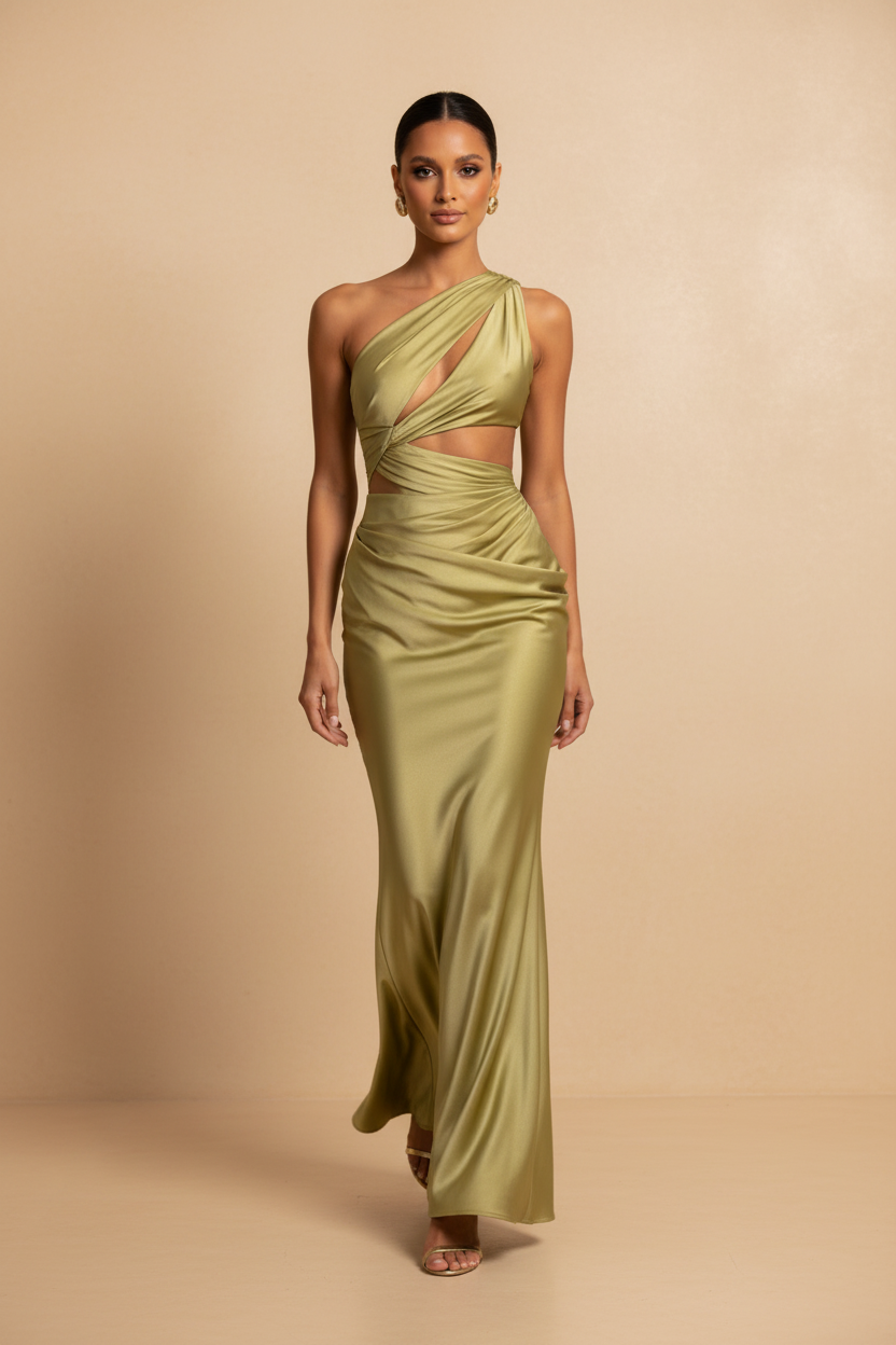 Aveline – Vestito Maxi Asimmetrico in Raso Verde Oliva