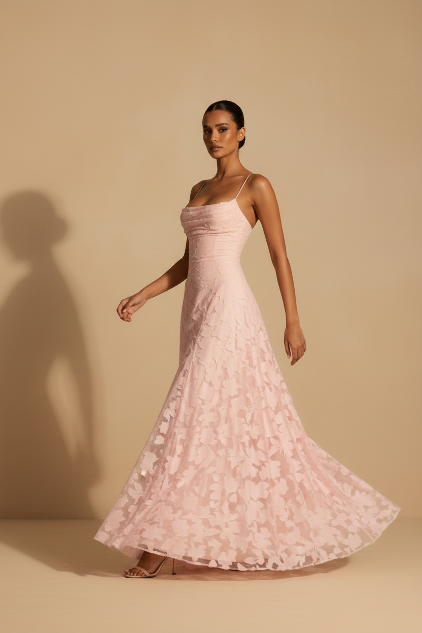 Francesca – Abito Lungo Pizzo Vestibilità Elegante Rosa