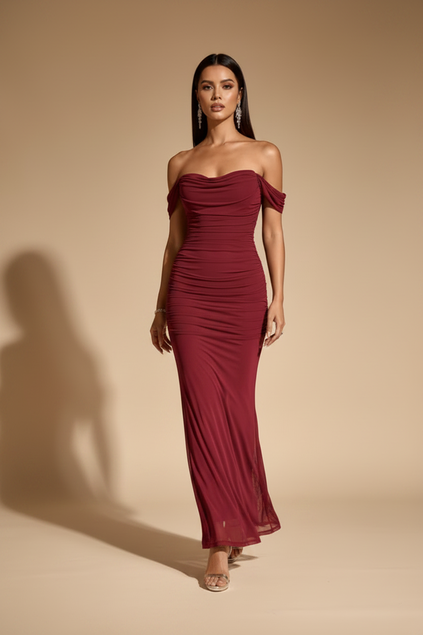 Serena Vestito Lungo Drappeggiato Color Lampone